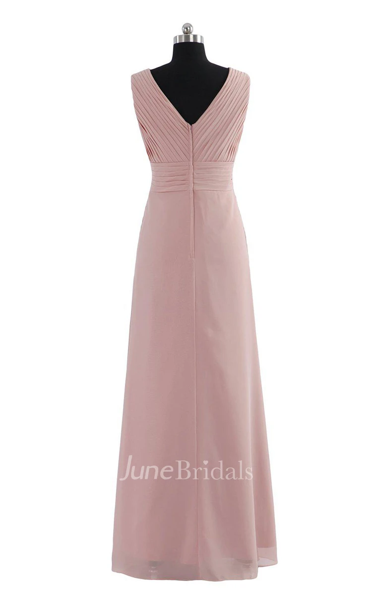 Sleeveless V-neck Chiffon Gown With Ruching