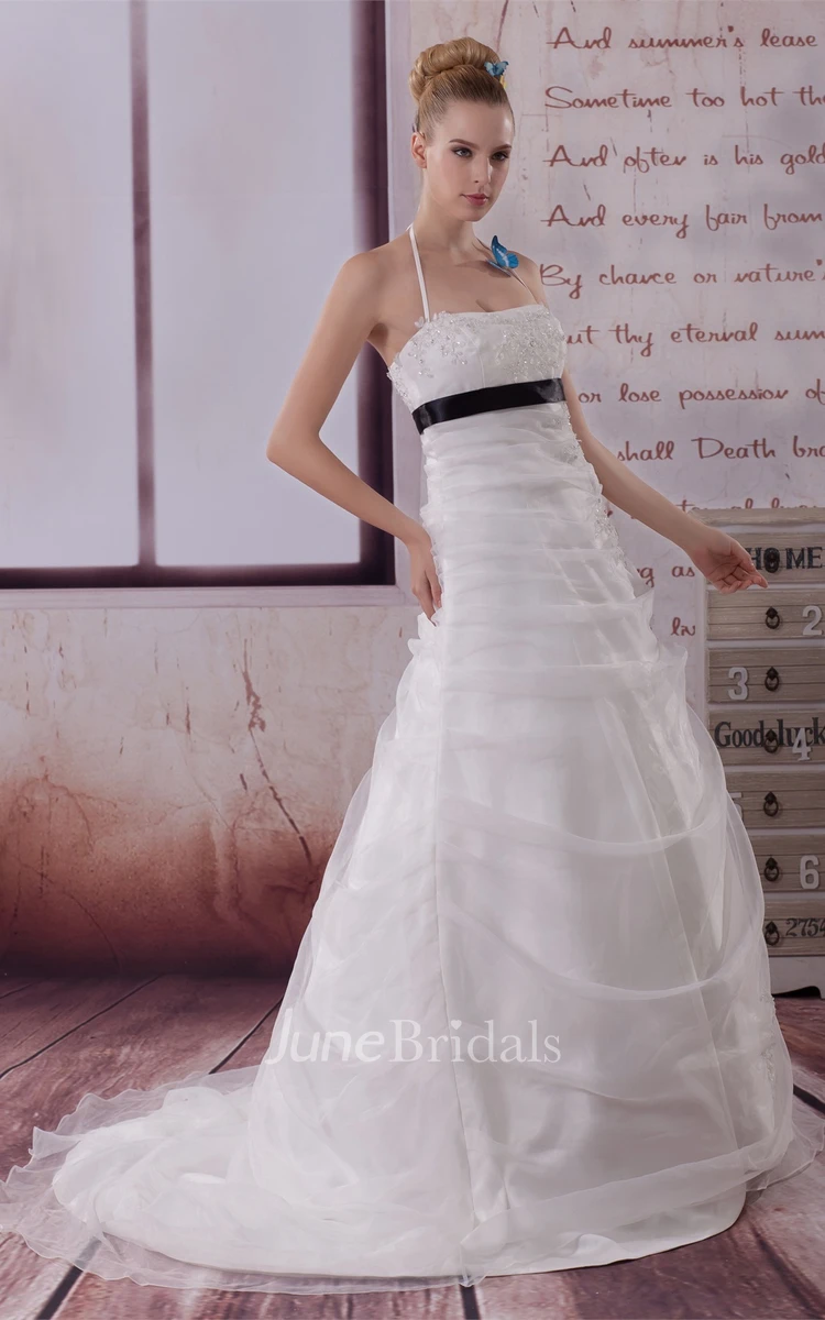 Sleeveless Ruched Ball Gown with Halter and Appliques