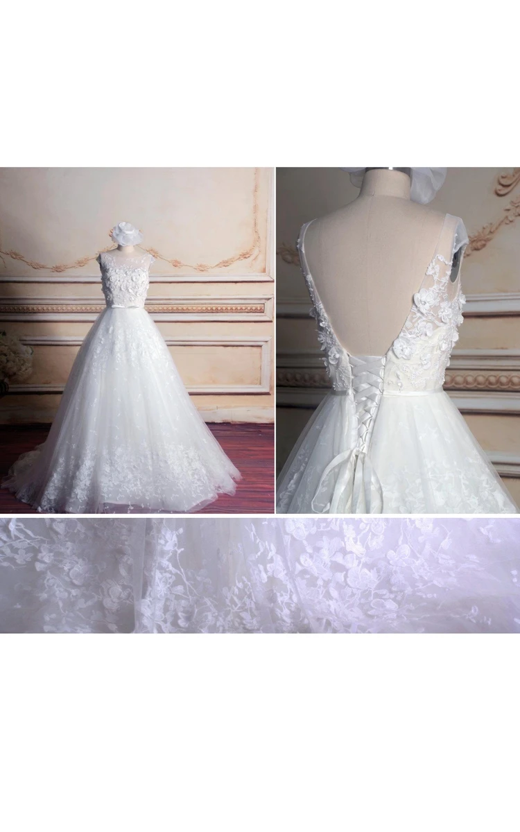 Ball Gown Cap Sleeve Chapel Train Tulle Lace Dress With Beading Flower