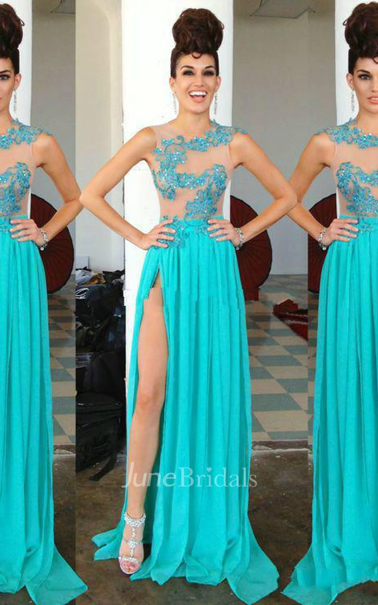 Modern Chiffon Appliques Sequined Prom Dress Front Split Sweep Train