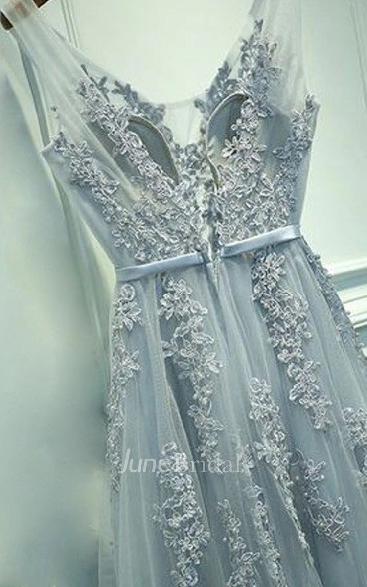 A-line Sleeveless V-neck Tulle Applique Floor Length Dress