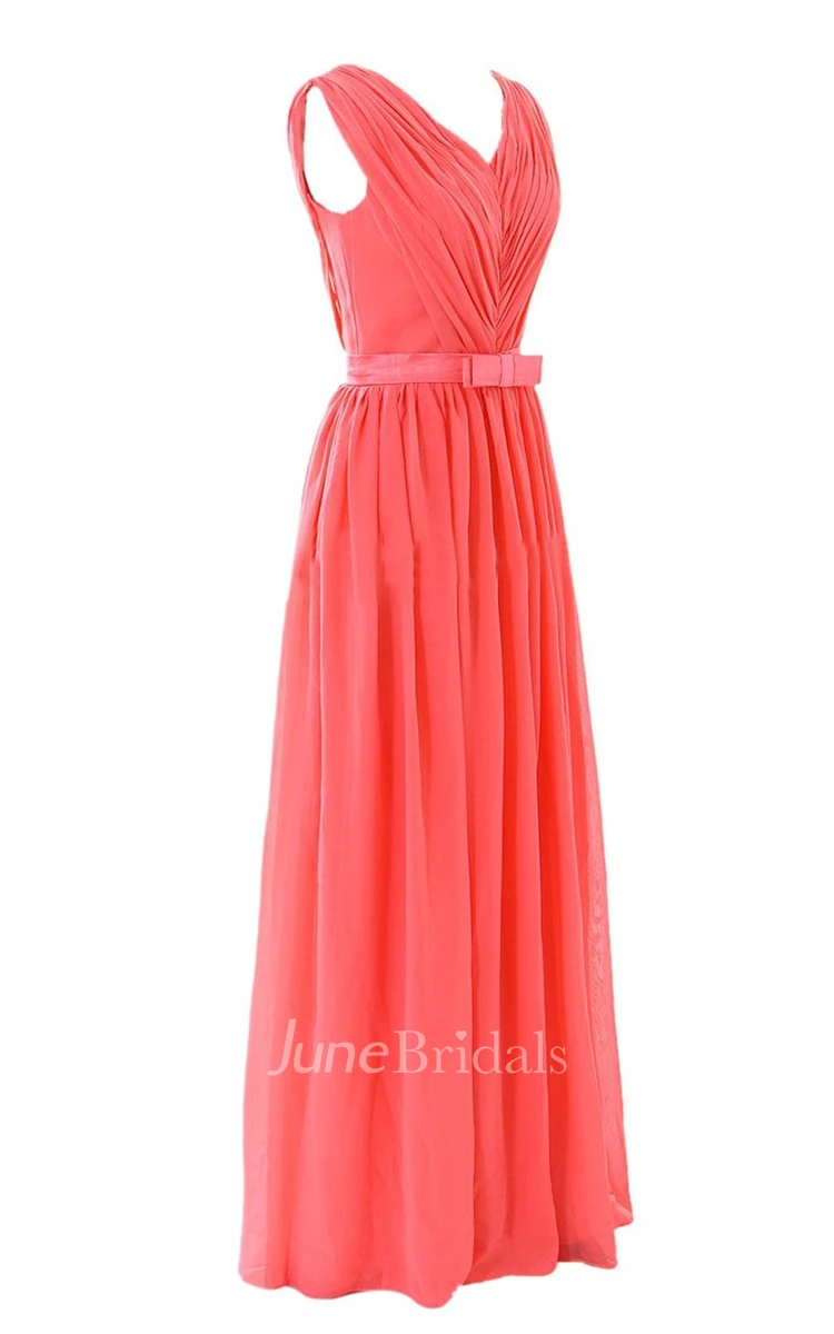 V-neck Pleated Chiffon A-line Gown With Bow