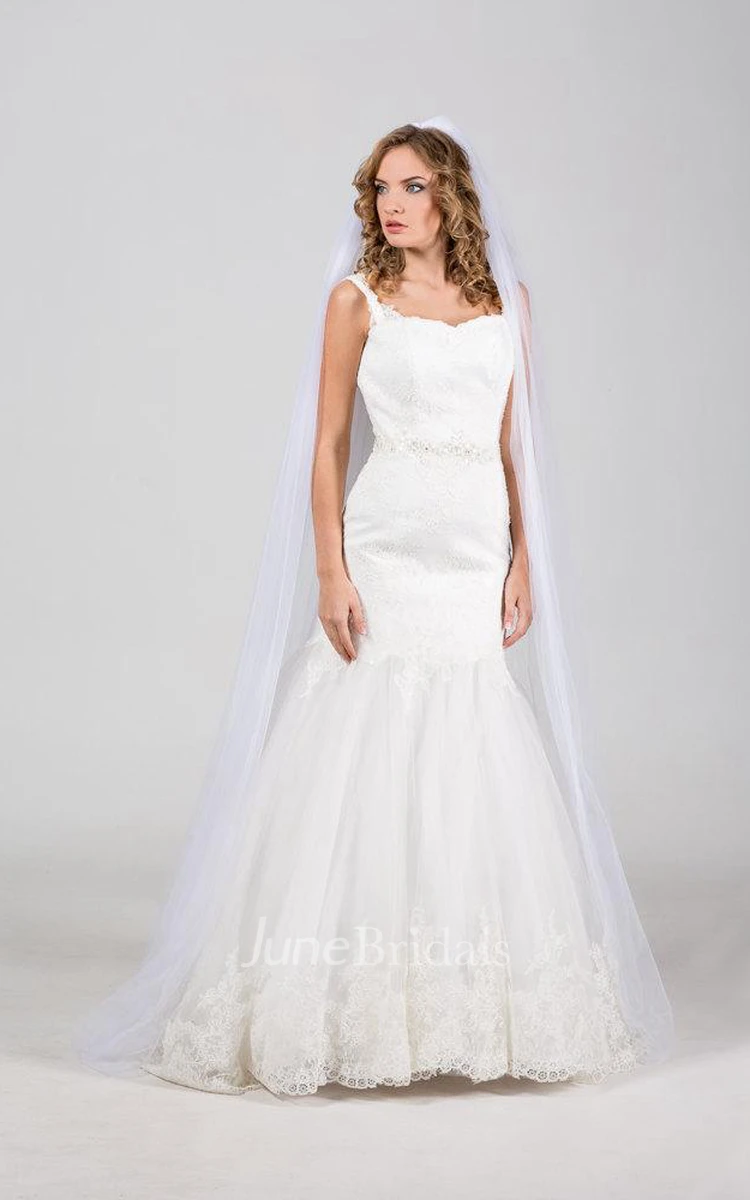 Square Neck Sleeveless Mermaid Lace Wedding Dress With Beading