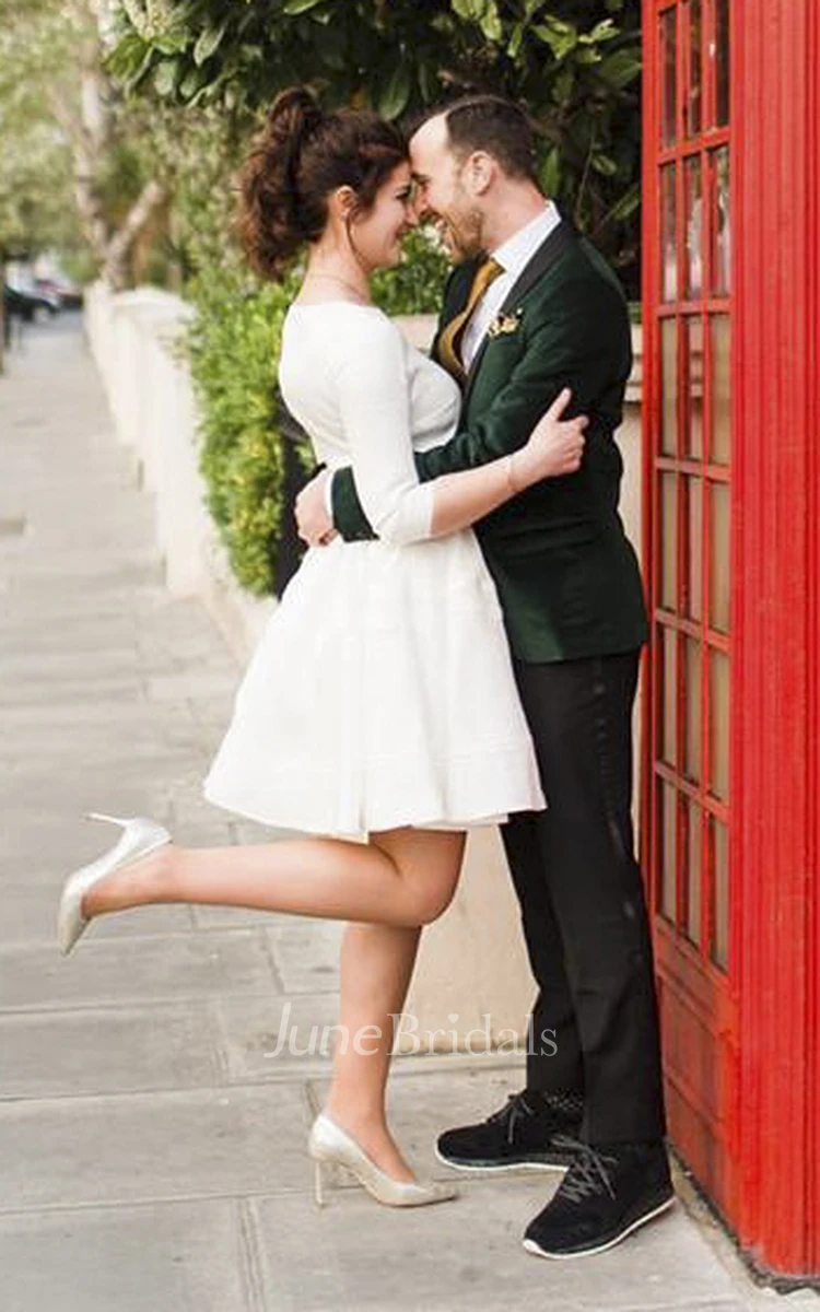 3/4 Sleeve Knee Length Satin Wedding Dress With Bateau Neckline And Ruching
