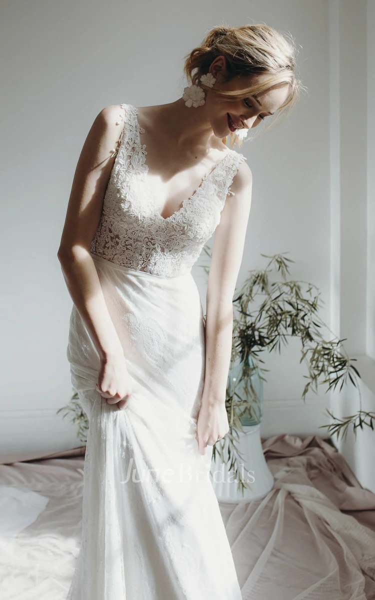Lace Sleeveless Elegant Sheath Plunging V-neck Bridal Gown With Deep V-back And Buttons