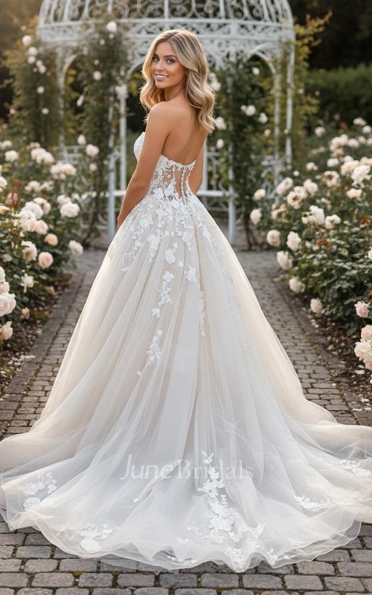 A-Line Sweetheart Lace Wedding Dress Sleeveless Tulle Ball Gown with Sheer Corset Top