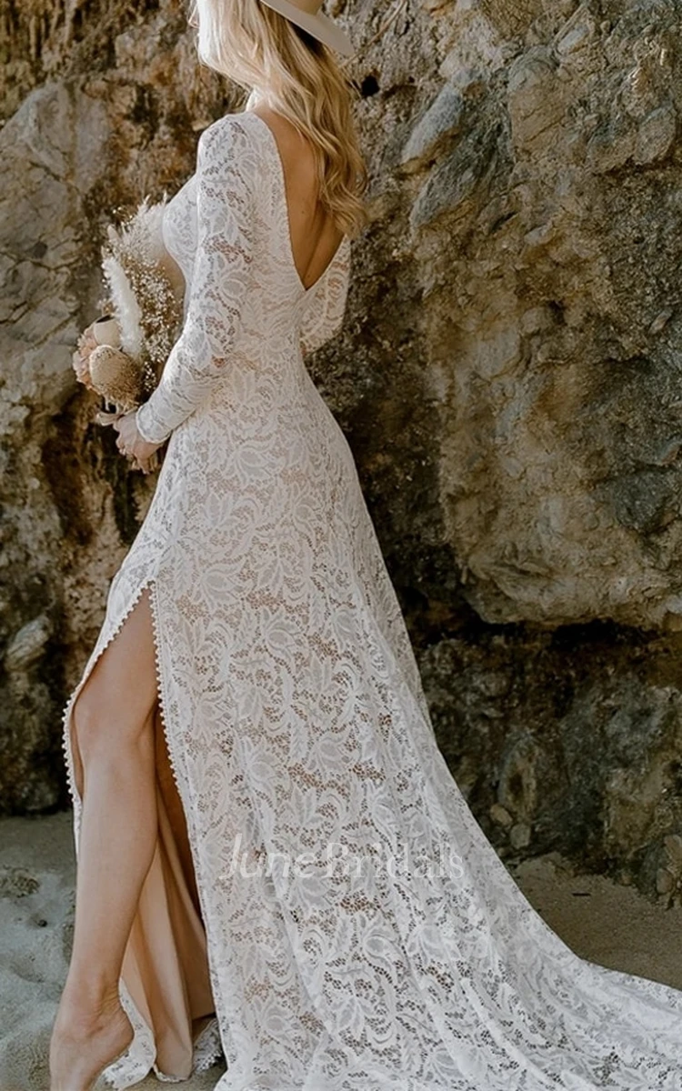 Modest Floral Beach Boho Lace Winter Wedding Dress with Sleeves Elegant Boat Neck Long Sleeve Split Front Open Back Sweep Train Bridal Gown