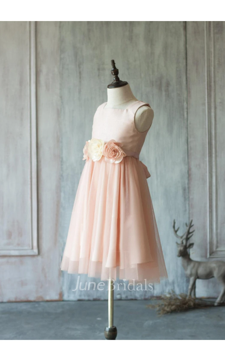 Peach Sleeveless Square Neck Tulle Junior Bridesmaid Dress With Satin Bodice