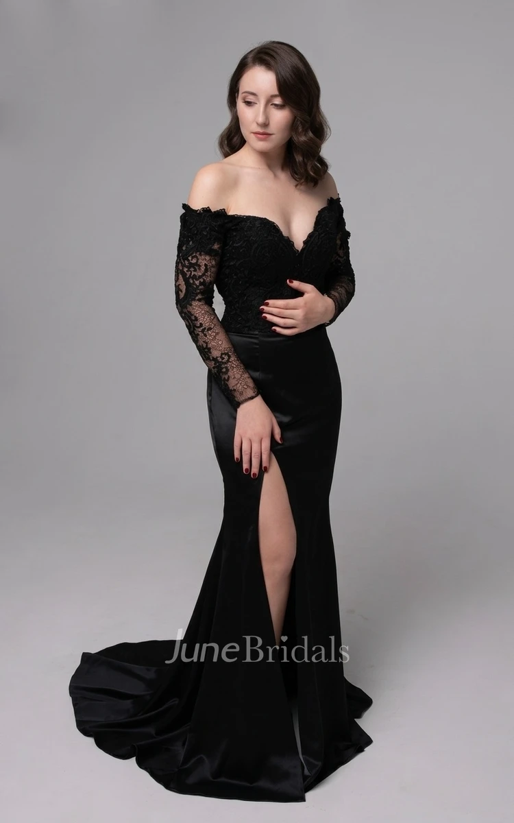 Black Long Sleeves Spring Gothic Wedding Dress Boho Lace Off-Shoulder Bridal Gown with Detachable A-Line
