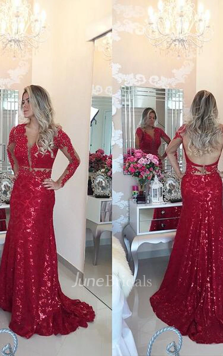 Glamorous Red Mermaid Sequins Prom Dress Lace Appliques Backless