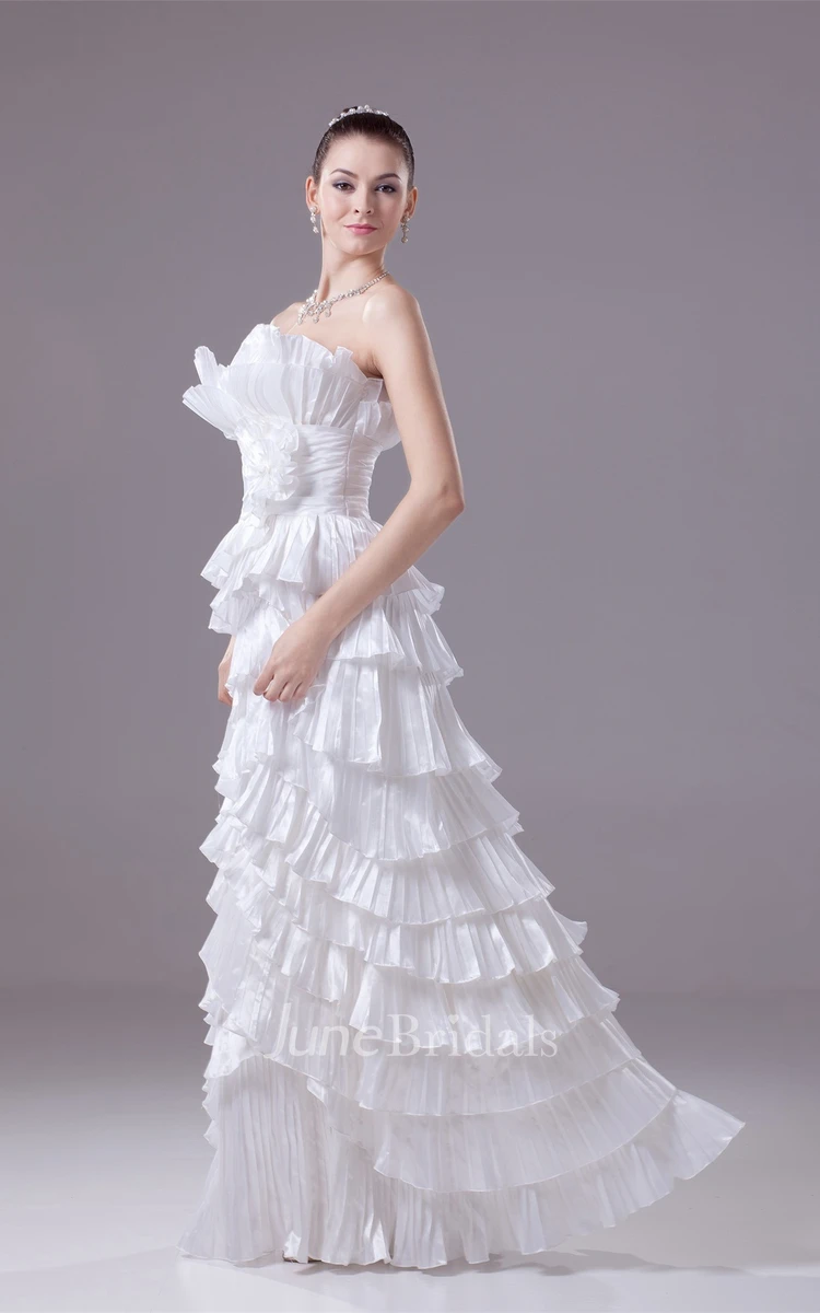 Strapless Tiered Floor-Length Dress with Ruching and Flower