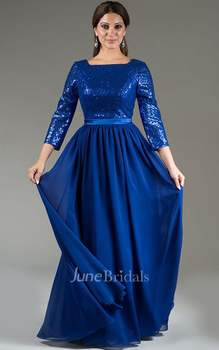 Square Neck 3-4 Sleeve Sequin Top Chiffon Long Mother Of The Bride Dress  With Satin Sash - June Bridals