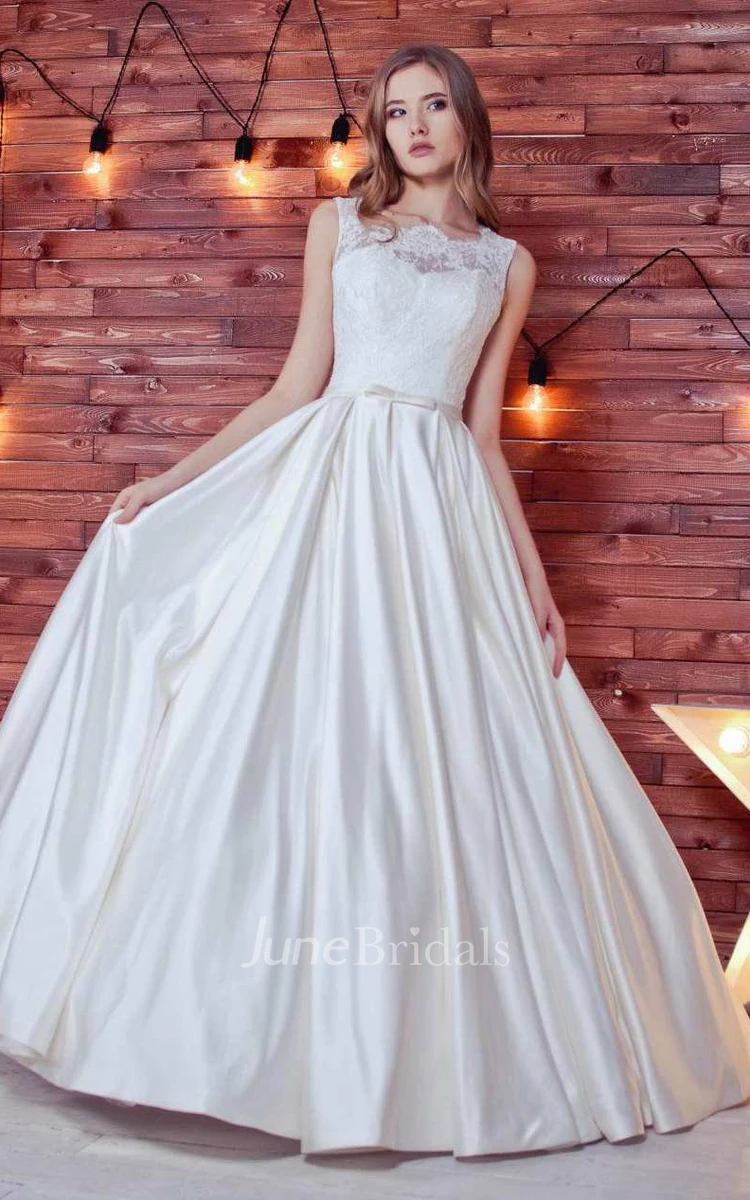 Bateau Sleeveless A-Line Satin Lace Wedding Dress With Corset Back