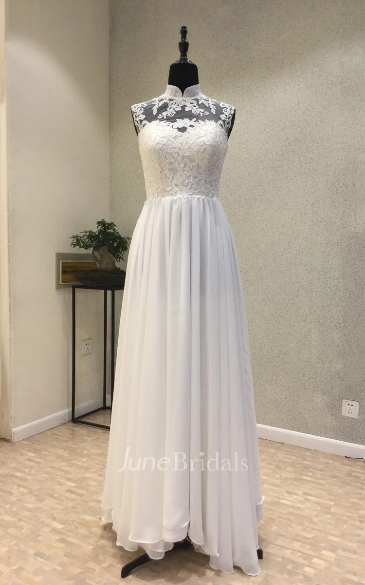Elegant Garden Style Chiffon Sheath High-neck Sleeveless Wedding Dress