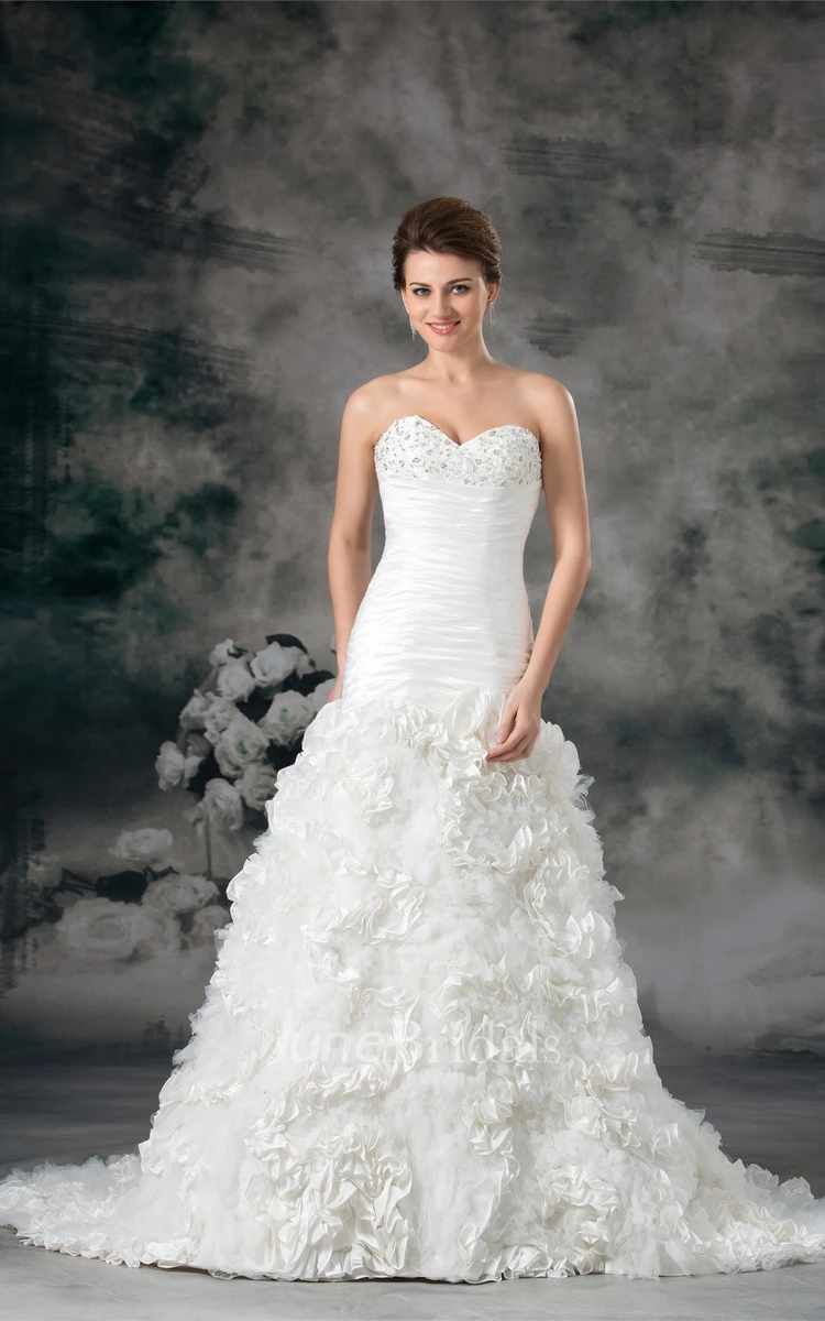 sweetheart a-line ruched dress with ruffled skirt and beading