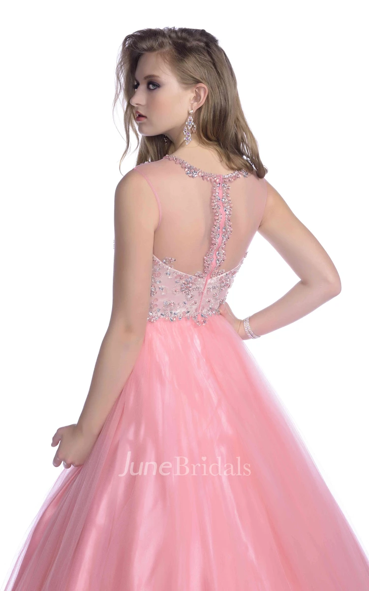 A-Line Illusion Back Featuring Rhinestone-Bodice Tulle Cap-Sleeve Formal Dress