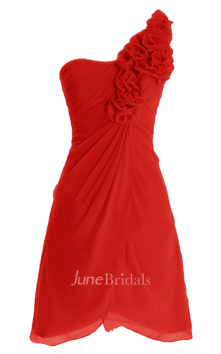 One-shoulder Short Dress With Ruching and 3D Flowers
