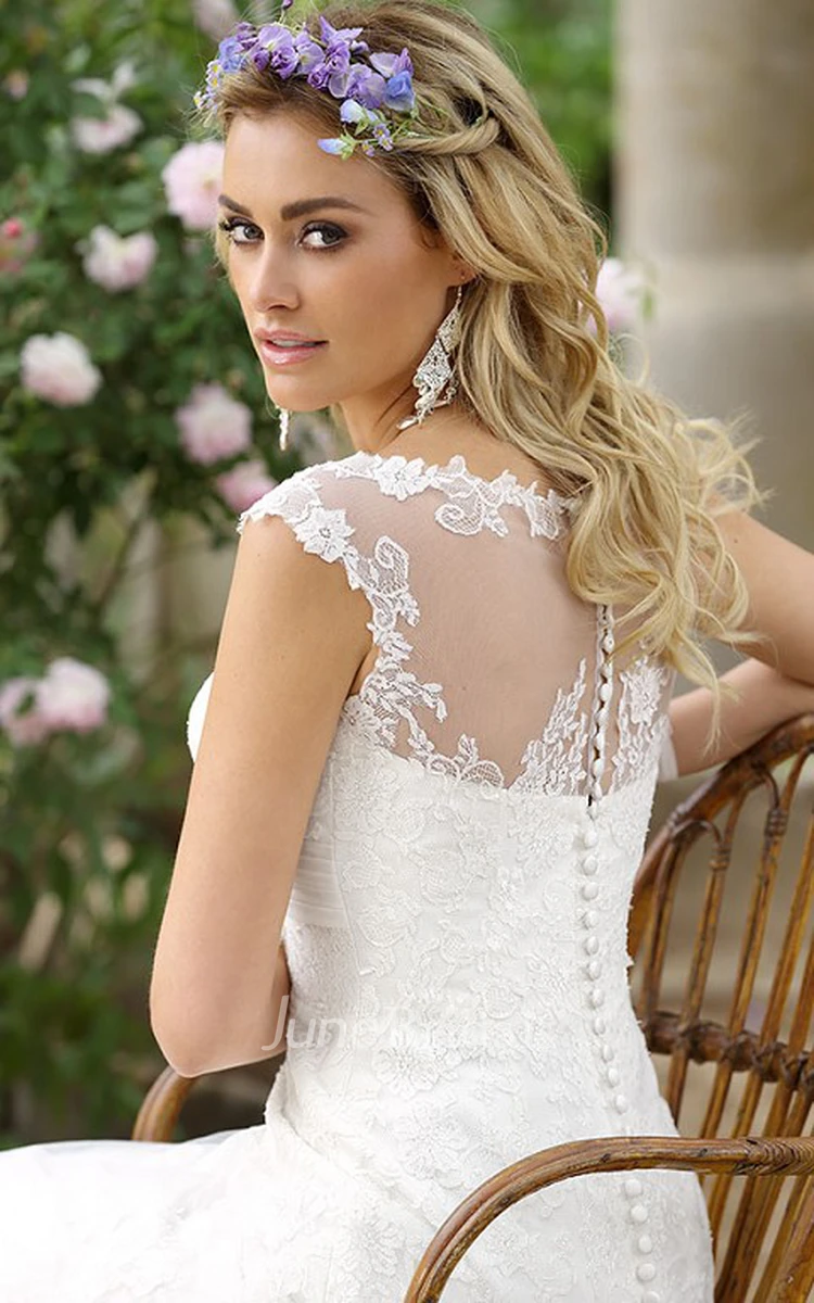 A-Line Floor-Length Cap-Sleeve Square-Neck Lace Wedding Dress With Appliques And Illusion