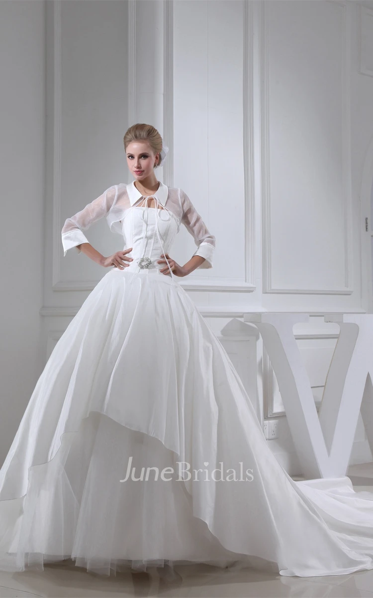 Ruched A-Line Collared Ball Gown with Broach and Illusion Sleeve