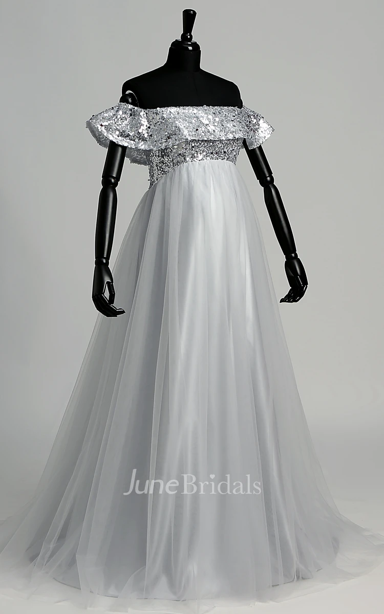 Strapless Sequined Bodice Empire Pleated Tulle Maternity Dress
