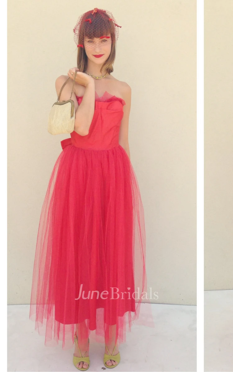 Strapless Tea-length A-line Tulle Dress With Bow