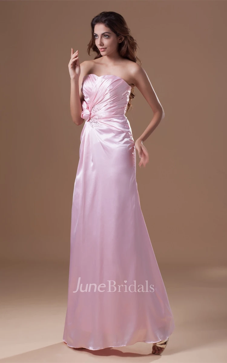 Strapless Satin Ankle-Length Dress with Flower and Beading