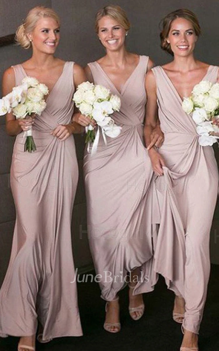 Casual A Line Jersey Straps V-neck Sleeveless Bridesmaid Dress with Pick Up and Ruching