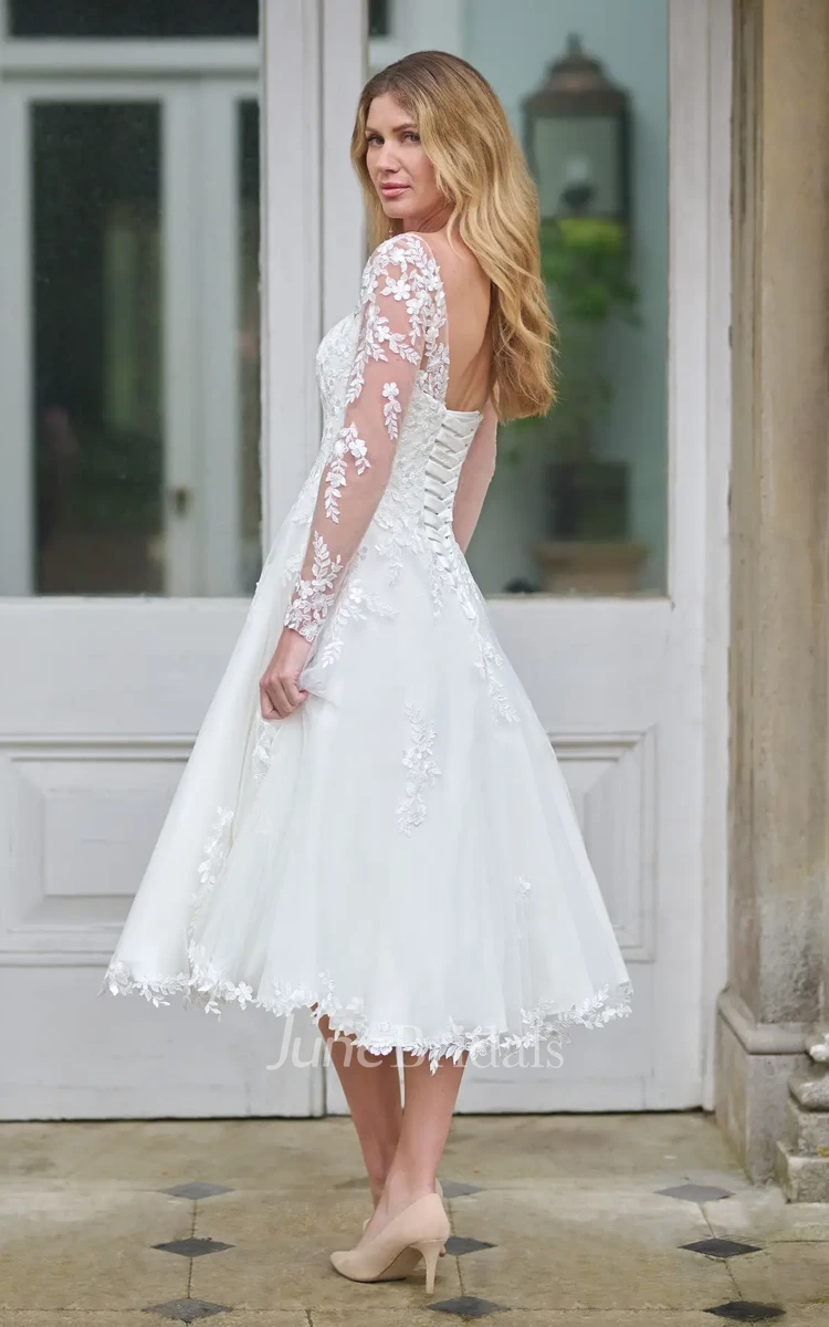 Romantic Tea Length Lace V Neck Wedding Dress Modern Illusion Long Sleeves Sweetheart Gown