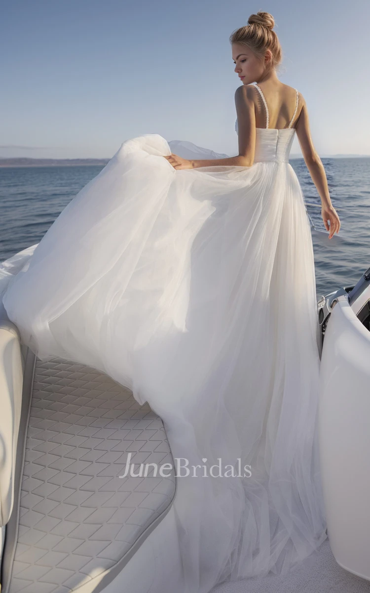 Elopement Modern Spaghetti Wedding Dress Sweetheart Ruching Front Slit Gown