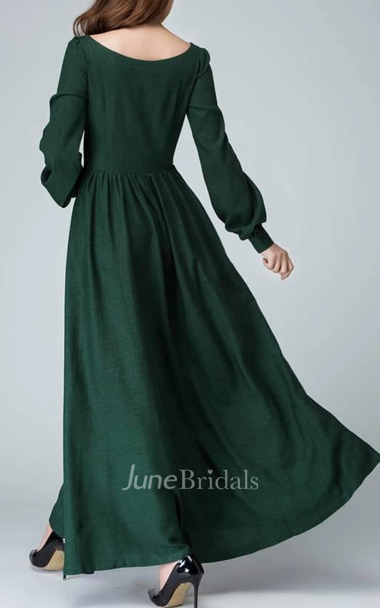 Linen Handmade Bishop Sleeve Long Sleeve Boat Neck Dark Green Maxi Long Women Custom 1454 Dress