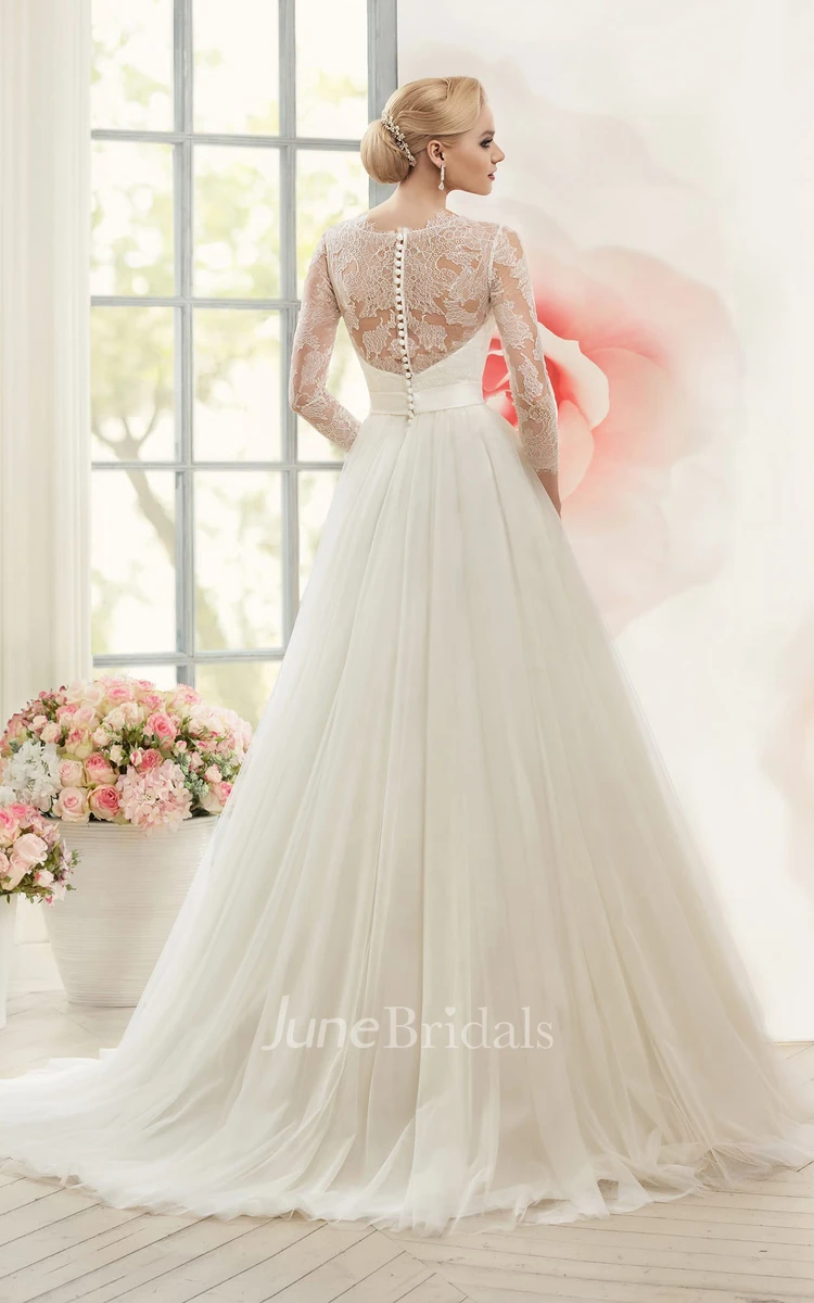 A-Line Floor-Length Jewel Long-Sleeve Illusion Tulle Dress With Lace And Waist Jewellery