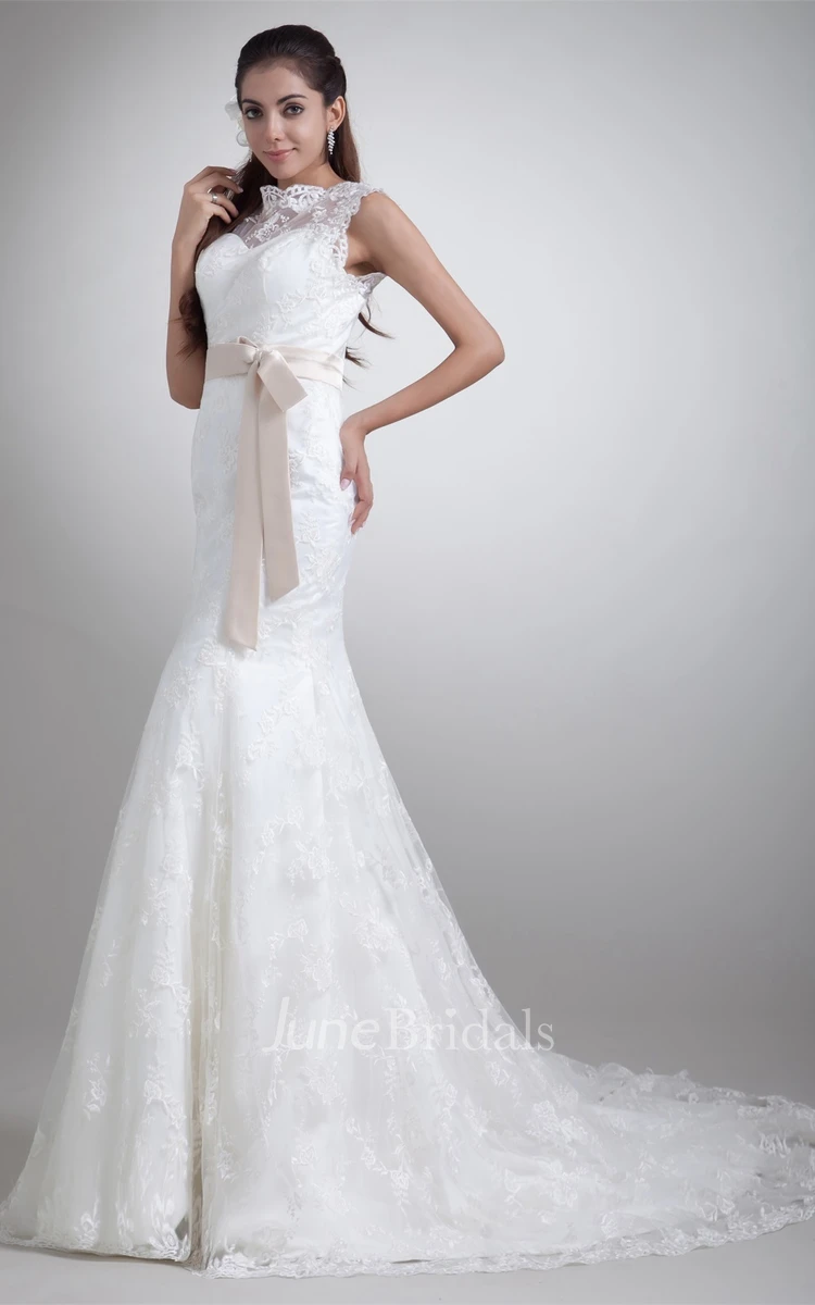 bateau-neck trumpet sleeveless dress with illusion back and bow