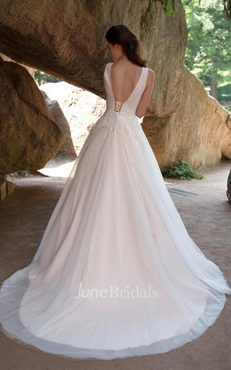 A-Line Floor-Length V-Neck Sleeveless Deep-V-Back Tulle Dress With Ruching And Appliques