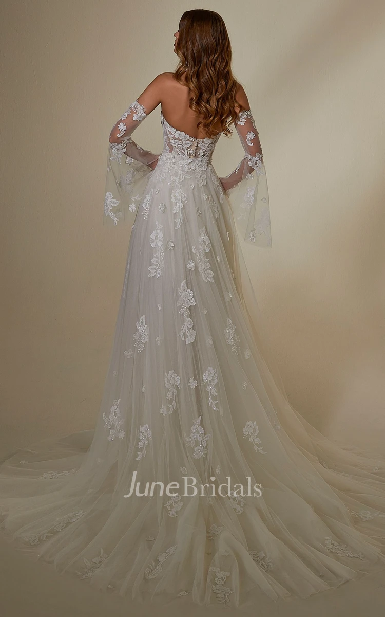 Ethereal Floral Princess A-Line Short Detachable Boho Lace Wedding Dresses Sexy Elegant Sweetheart Bridal Gown with Train