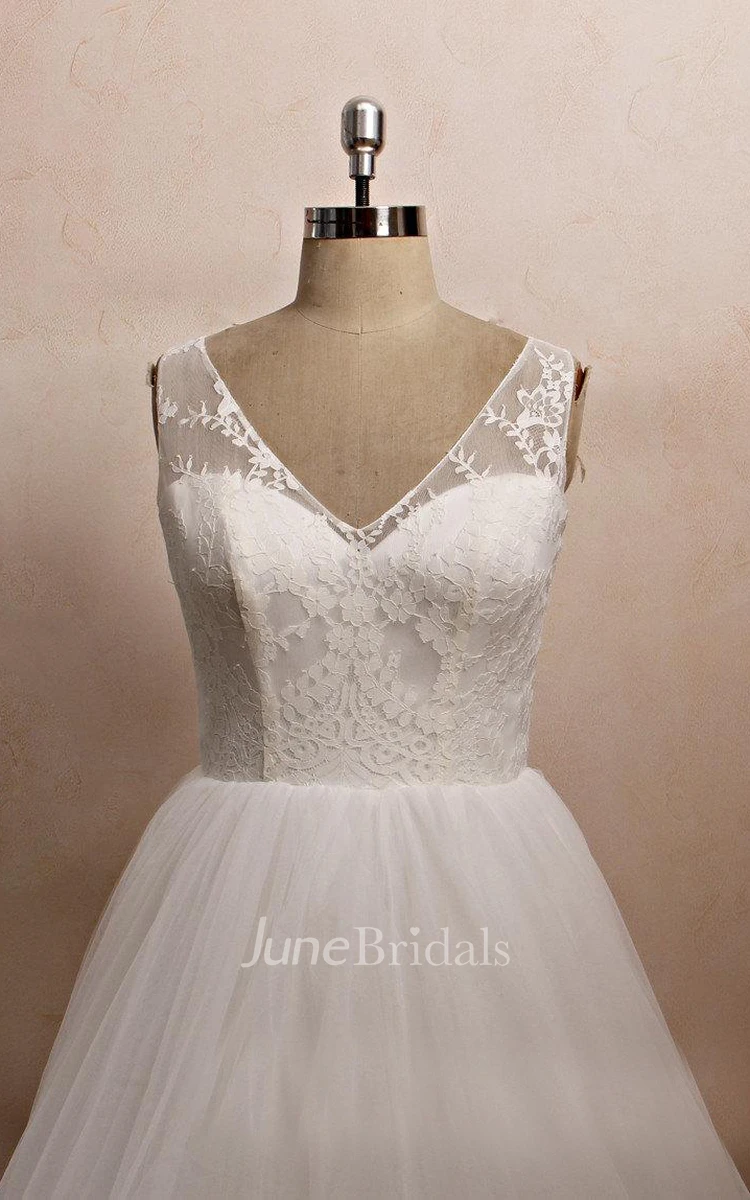 V-neck Sleeveless A-line Tulle Wedding Dress With Ruffles And Tiers