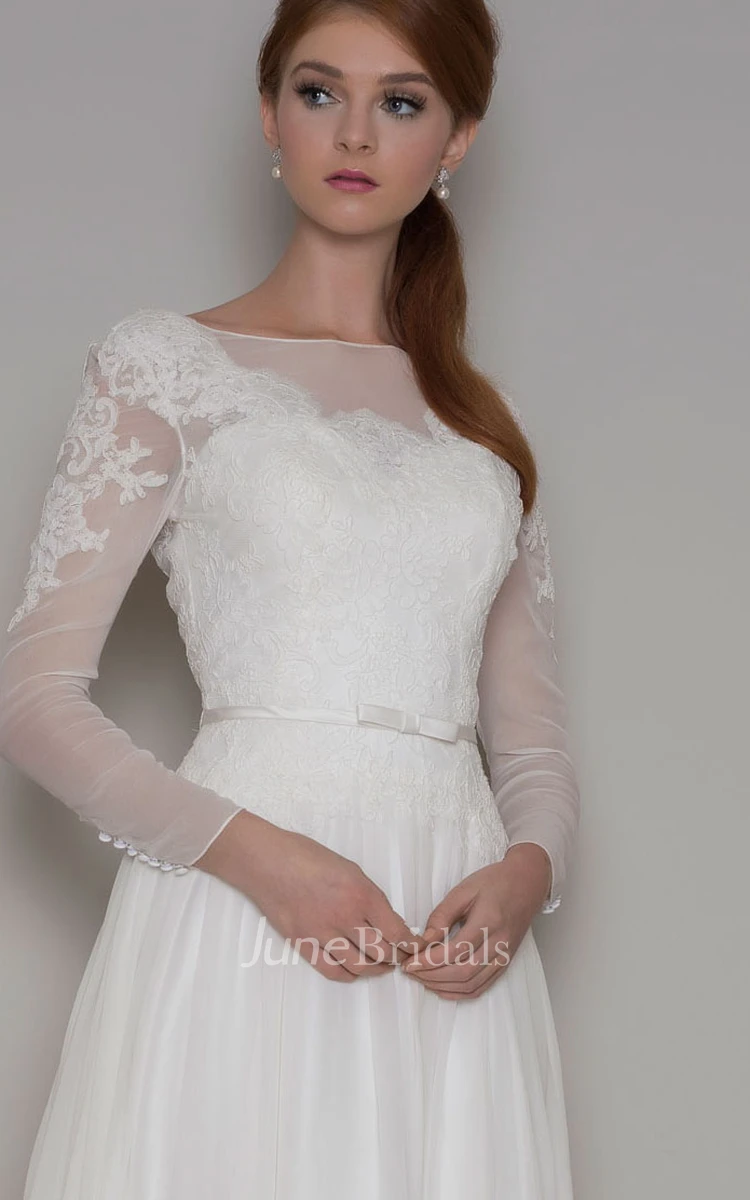 Sheath Long-Sleeve Bateau-Neck Chiffon Wedding Dress With Illusion