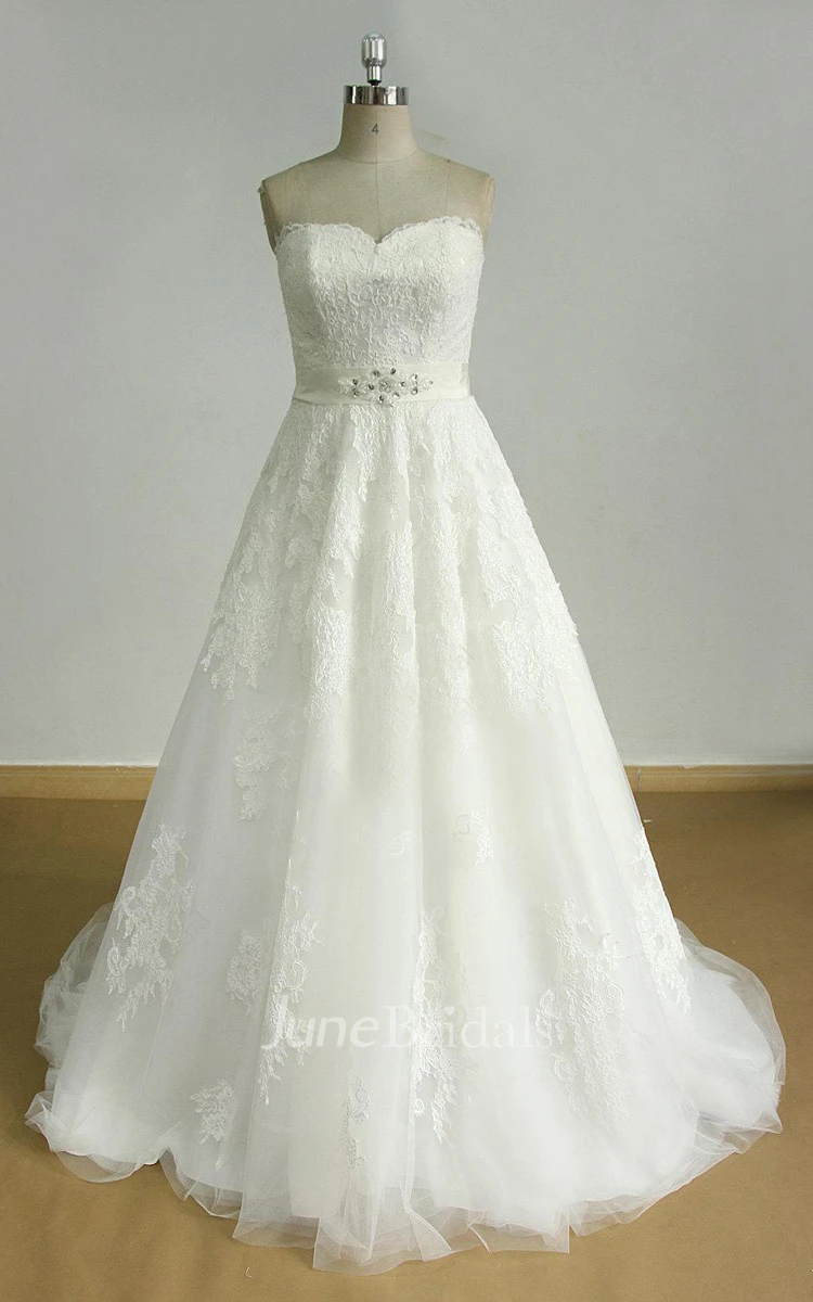 A-Line Tulle Lace Weddig Dress With Beading Sash Ribbon