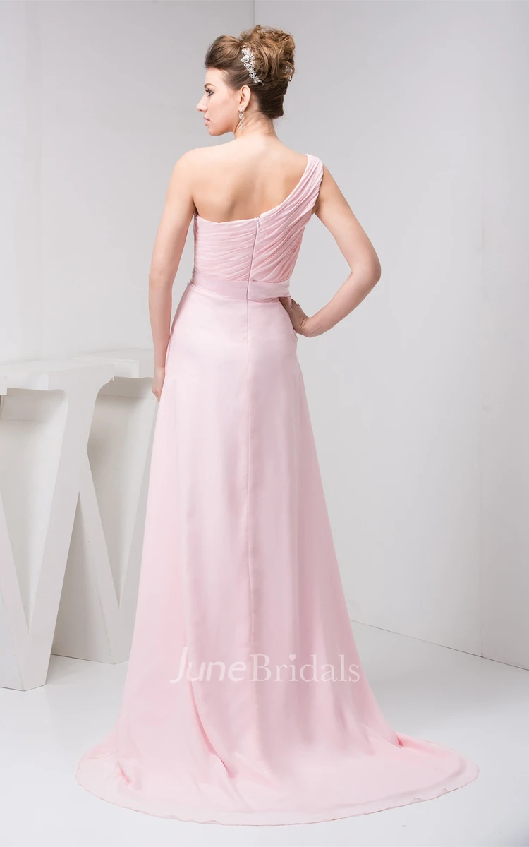 Pastel One-Shoulder Chiffon Gown with Ruching and Appliques