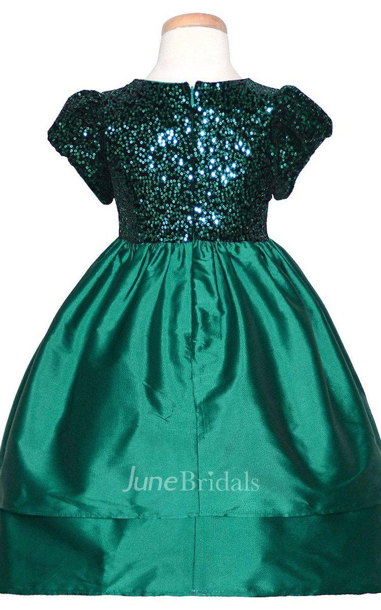 Short-sleeved A-line Sequined Dress With Flower and Pleats
