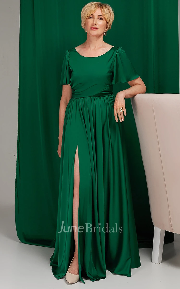 Casual A Line Short Sleeve Satin Bateau Low-V Back Floor-length Mother of the Bride Dress with Split Front