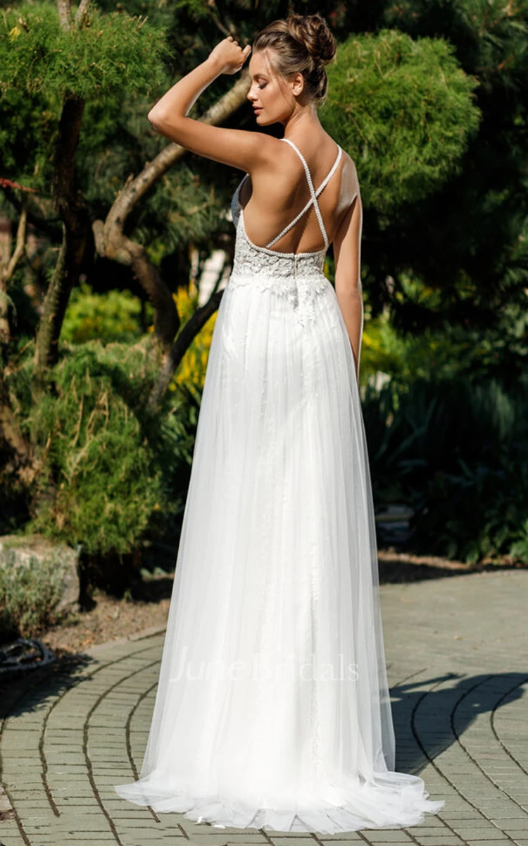 Casual Sleeveless Sheath V-neck Tulle Lace Wedding Dress with Split Front