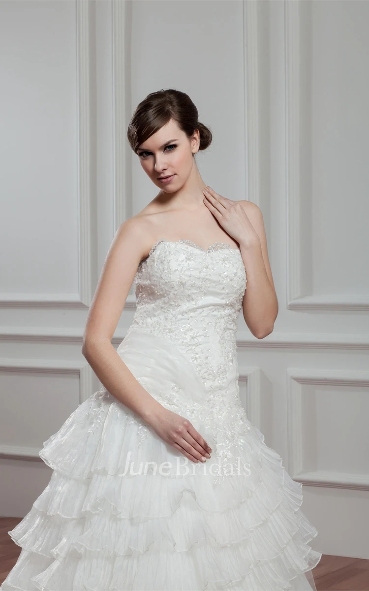 Sweetheart Tiered A-Line Gown with Appliques and Jeweled Top