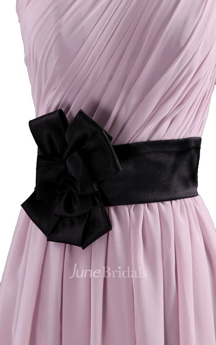 One-shoulder A-line Chiffon Dress With Floral Sash