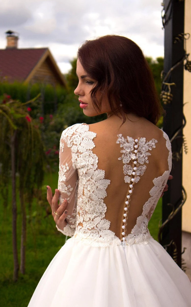 Long Sleeve Tulle Lace Dress With Beading Illusion Button Lace-Up Back