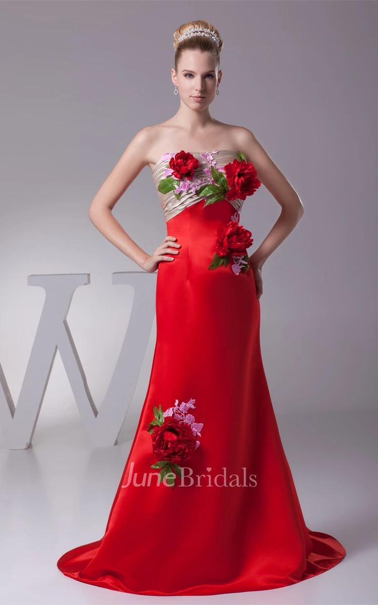 Floral Strapless Ruched Mermaid Satin Gown with Appliques