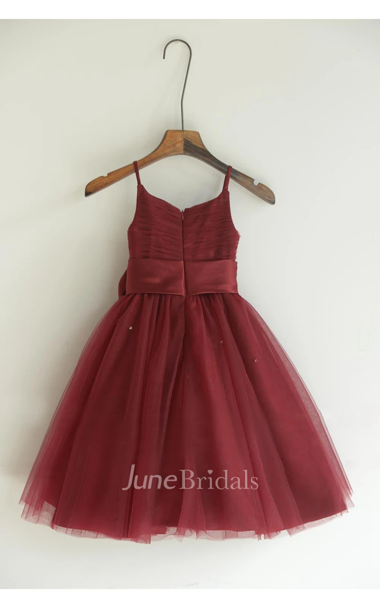Spaghetti Strap V-neck Ruched Tulle Dresses With Sash Bow Flower