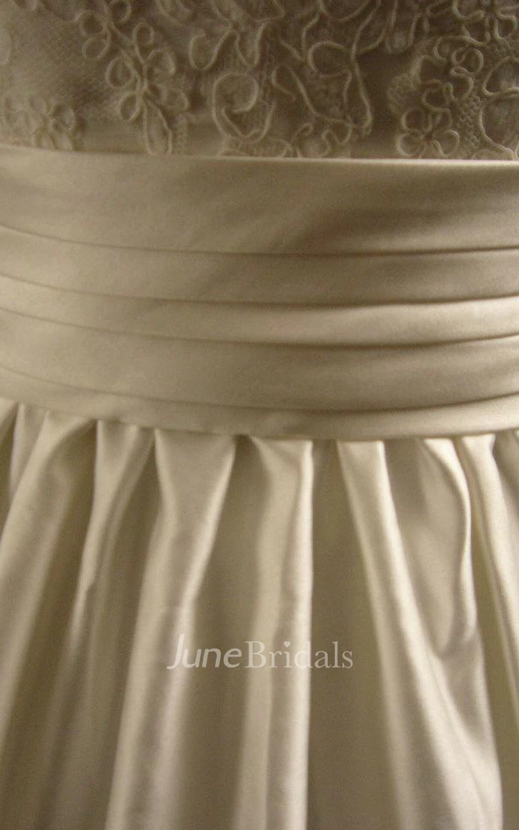 Hand Made V-Neck Satin Ball Gown With Gathered Skirt and Lace Bodice