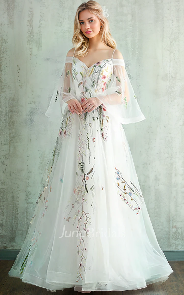 Fall Floral Ethereal A-Line Boho Lace Wedding Dress Modern Beach Spaghetti Straps V-Neck Tulle Gown