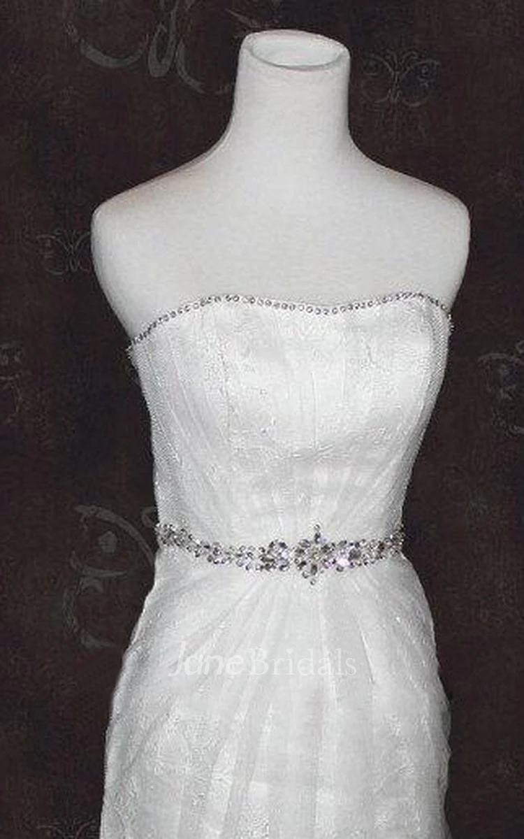 Strapless Backless Long Satin Wedding Dress With Sash And Crystal Detailing