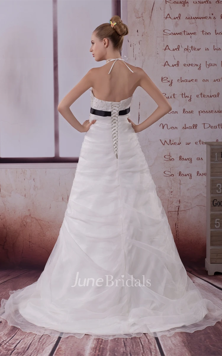 Sleeveless Ruched Ball Gown with Halter and Appliques